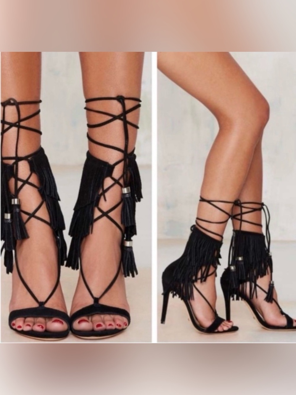 SCHUTZ NIB Kija Black Fringe Gladiator Lace-Up Heeled Sandals Brand New